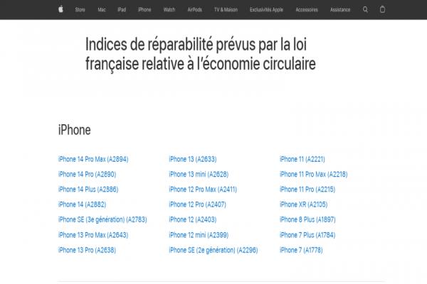 蘋果法國官網(wǎng)公布新一代iPhone7以來的維修評分，點入機(jī)型就可以看到評分明細(xì)。