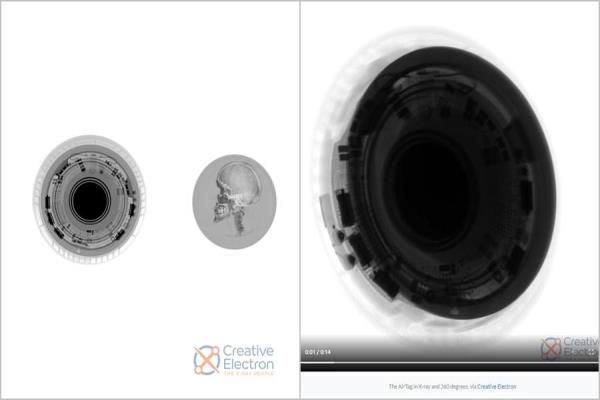 圖左為國(guó)外知名專業(yè)拆解團(tuán)隊(duì)iFixit，在進(jìn)行AirTag拆解之前，捕捉實(shí)機(jī)透視的影像。圖右為拆解后的機(jī)身內(nèi)部構(gòu)造。