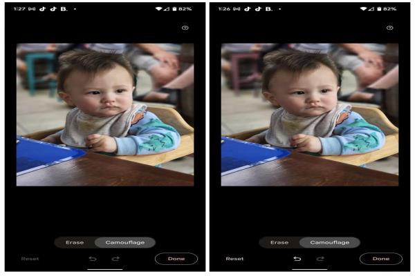 GooglePixel6全系列三款機(jī)型，內(nèi)建Google相簿的魔術(shù)橡皮擦修圖功能，可利用“偽裝”工具改變背景雜物的色調(diào)，以凸顯拍攝主角。如把原本背景角落出現(xiàn)的藍(lán)色高腳椅，變成紫色。