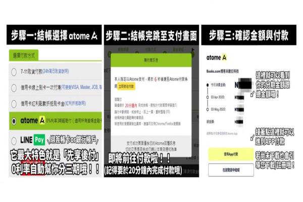 博客來先買后付款的操作流程：步驟1，付款方式選擇“Atome”后。步驟2結(jié)帳完跳至支付畫面，選擇“Atome”支付結(jié)帳；步驟3確認(rèn)金額與付款。