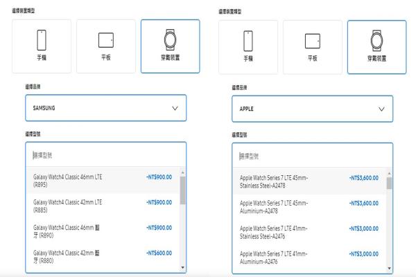 三星官網舊換新服務的三星及蘋果價格比較，圖為穿戴裝置舊換新價格。