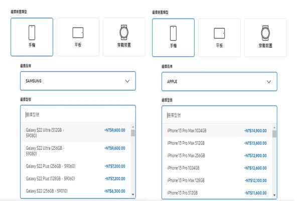 三星官網舊換新服務的三星及蘋果價格比較，圖為手機舊換新價格。
